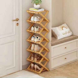 Shoe Rack Natural Bamboo Folding Storage Organizer Seven Tier Corner Shelf - thumbnail 3