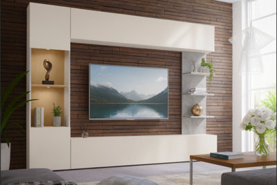 Lazando Wall Unit Cashmere And Cremona Oak With Tv Space 160 X 116 Cm And Storage Cabinets - image 1