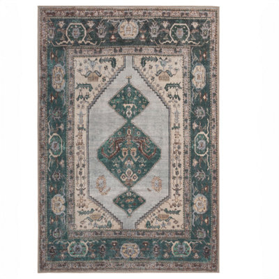 Loomed Green Cream Geometric Medallion Anti Slip Washable Rug 120X170Cm - image 1