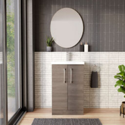 Balterley Contemporary Bathroom Floor Standing 2-Door Vanity Unit & Mid-Edge Ceramic Basin, Solace Oak, 500 mm - thumbnail 2