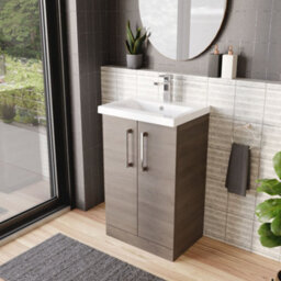 Balterley Contemporary Bathroom Floor Standing 2-Door Vanity Unit & Mid-Edge Ceramic Basin, Solace Oak, 500 mm - thumbnail 4