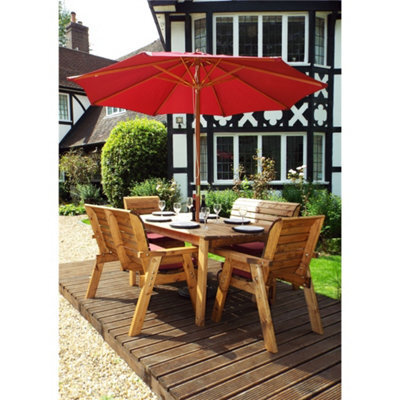 Marlborough Traditional 6 Seater Table Set With 2 X Bench Cushion 2 X Chair Cushion, 1 X Burgundy Parasol & Base & Cushion Storage Bag - image 1
