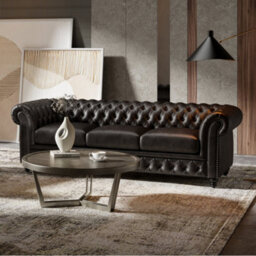 "Valencia Parma Full Aniline Leather Chesterfield 92"" Three Seats Sofa Black Hand Made Metal Nail Heads" - thumbnail 4