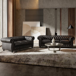 "Valencia Parma Full Aniline Leather Chesterfield 92"" Three Seats Sofa Black Hand Made Metal Nail Heads" - thumbnail 2