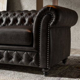 "Valencia Parma Full Aniline Leather Chesterfield 92"" Three Seats Sofa Black Hand Made Metal Nail Heads" - thumbnail 5