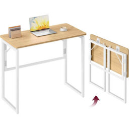 Compact Folding Office Desk, Writing Table With Rounded Corners, Portable Computer Desk, Natural Oak - thumbnail 7