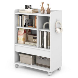Storage Bookcase With Drawer On Wheels 2 Adjustable Shelves Open Compartments - thumbnail 1
