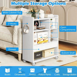 Storage Bookcase With Drawer On Wheels 2 Adjustable Shelves Open Compartments - thumbnail 6