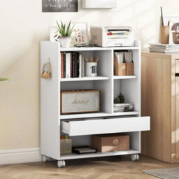 Storage Bookcase With Drawer On Wheels 2 Adjustable Shelves Open Compartments - thumbnail 3