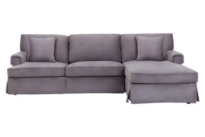 Orsina Three Seat Grey Velvet Chaise Sofa, Grey Velvet Upholstery With Wooden Base, Padded Arms And Extended Chaise - image 1