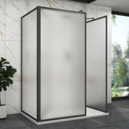 Royal Bathrooms Luxor 3 Sided Walk In Wet Room Fluted Shower Enclosure With 1400 X 800mm Stone Tray & Matt Black Frame 8mm Easy Clean Glass - thumbnail 1