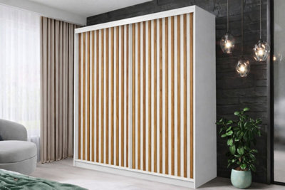 Fhi Wales 203Cm White Sliding Door Wardrobe Modern Bedroom Storage With Shelves And Hanging Rails - image 1
