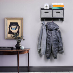 Stylish Wooden Wall-Mounted Coat Rack & Storage Cabinet 3 Hooks Shelf & 2 Fabric Baskets For Organized Entryways 60X20X34Cm - thumbnail 3