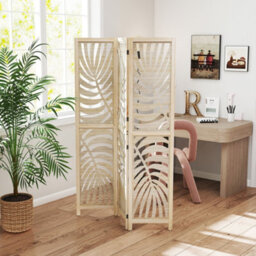 Homcom 3 Panel Privacy Screens With Palm Leaf Design, Natural Wood Finish