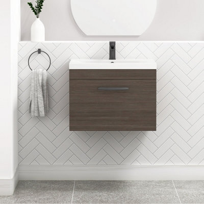 Royal Bathrooms Turin Grey Elm 600mm Wall Hung Vanity Unit 1 Drawer With Mid-Edge Basin Sink & Matt Black Handles - image 1