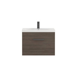 Royal Bathrooms Turin Grey Elm 600mm Wall Hung Vanity Unit 1 Drawer With Mid-Edge Basin Sink & Matt Black Handles - thumbnail 6