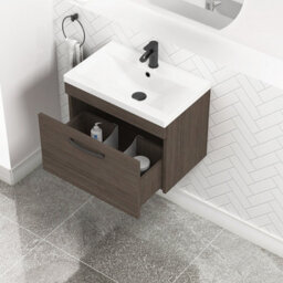Royal Bathrooms Turin Grey Elm 600mm Wall Hung Vanity Unit 1 Drawer With Mid-Edge Basin Sink & Matt Black Handles - thumbnail 5