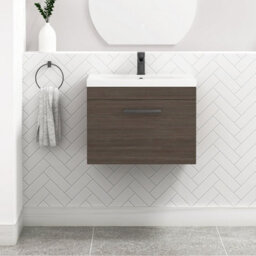 Royal Bathrooms Turin Grey Elm 600mm Wall Hung Vanity Unit 1 Drawer With Mid-Edge Basin Sink & Matt Black Handles - thumbnail 1