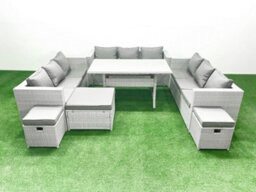 Fimous Rattan Garden Outdoor Furniture Set 12 Seater Garden Sofa Rectangulr Dining Table Set 3 Stools Light Grey - thumbnail 1