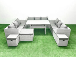 Fimous Rattan Garden Outdoor Furniture Set 12 Seater Garden Sofa Rectangulr Dining Table Set 3 Stools Light Grey - thumbnail 2