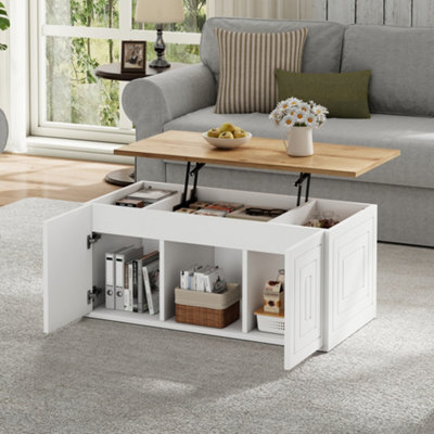 Btm Height Adjustable Coffee Table, 2 Cabinet Doors, White And Natural Wood, Can Be Dining Or Sofa Table, 95X46X45Cm - image 1