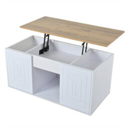 Btm Height Adjustable Coffee Table, 2 Cabinet Doors, White And Natural Wood, Can Be Dining Or Sofa Table, 95X46X45Cm - thumbnail 4