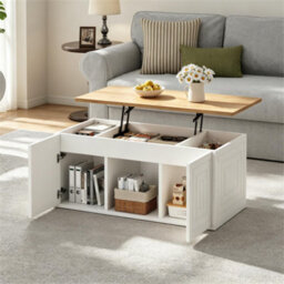 Btm Height Adjustable Coffee Table, 2 Cabinet Doors, White And Natural Wood, Can Be Dining Or Sofa Table, 95X46X45Cm - thumbnail 3