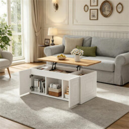 Btm Height Adjustable Coffee Table, 2 Cabinet Doors, White And Natural Wood, Can Be Dining Or Sofa Table, 95X46X45Cm - thumbnail 2