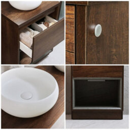 Homestylestore Dark Oak 600mm Led Lit Bathroom Vanity Unit Round Chalk Countertop Basin Open Shelf - thumbnail 2