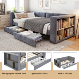 Btm 3Ft Single Upholstered Daybed Sofa, Velvet Bed With 2 Side Storage Drawers, 90X190 Cm, Grey, Easy Assembly - thumbnail 6
