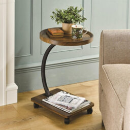 Wood Effect Side Table With Castors & Round Tabletop - Modern Wheeled Coffee Table With Dark Wood Finish - H56 X 40Cm Diameter - thumbnail 1