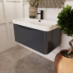 Balterley Dunwood Modern Bathroom Wall Hung 1 Drawer Vanity Unit & Ceramic Basin, Dark Grey, 800mm - thumbnail 4