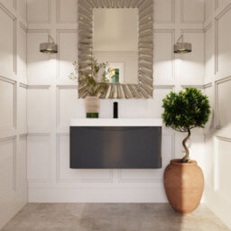 Balterley Dunwood Modern Bathroom Wall Hung 1 Drawer Vanity Unit & Ceramic Basin, Dark Grey, 800mm - thumbnail 2