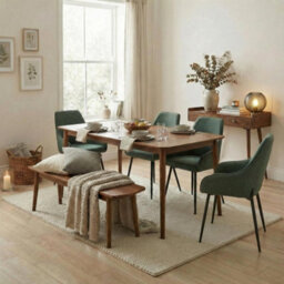 Furniturebox Lynton Large Walnut Effect Wood Dining Table W 4 Green Baumont Chairs & Bench
