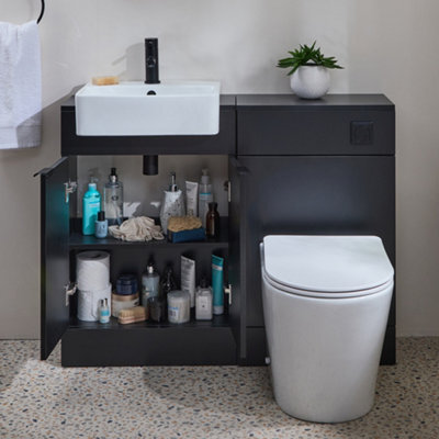 Homestylestore 1050mm Black Grey Bathroom Combination Vanity Wc Unit With Toilet Pan And Black Finger Pull Handle - image 1