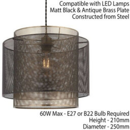 Hanging Ceiling Pendant Light 250mm Matt Black & Antique Brass Metal Mesh Shade - thumbnail 2