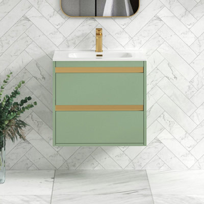 Royal Bathrooms Orion 600mm Mint Sage 2 Drawer Wall Hung Vanity Unit With Ceramic Basin & Brushed Brass Strip - image 1