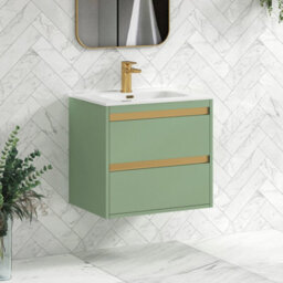 Royal Bathrooms Orion 600mm Mint Sage 2 Drawer Wall Hung Vanity Unit With Ceramic Basin & Brushed Brass Strip - thumbnail 5