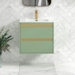 Royal Bathrooms Orion 600mm Mint Sage 2 Drawer Wall Hung Vanity Unit With Ceramic Basin & Brushed Brass Strip - thumbnail 2