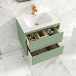 Royal Bathrooms Orion 600mm Mint Sage 2 Drawer Wall Hung Vanity Unit With Ceramic Basin & Brushed Brass Strip - thumbnail 4
