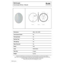 RAK Ceramics Rak Scorpio 800mm Round Led Bathroom Mirror With Touch Sensor & Demister Pad, Ip44 - thumbnail 2