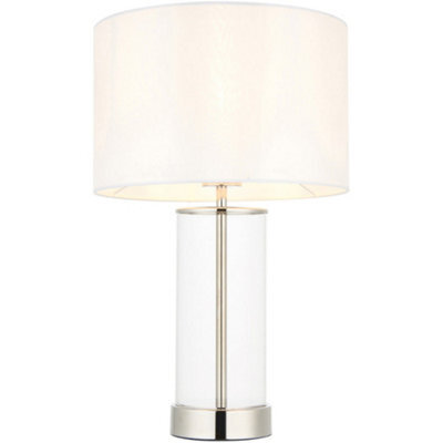 Loops Bright Nickel Plate & Clear Glass Table Lamp - Vintage White Fabric - 440mm Dimmable Tall Light - image 1