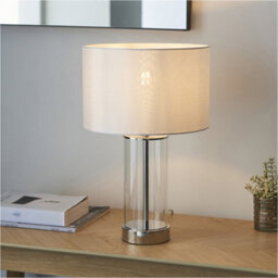 Loops Bright Nickel Plate & Clear Glass Table Lamp - Vintage White Fabric - 440mm Dimmable Tall Light - thumbnail 3
