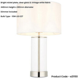 Loops Bright Nickel Plate & Clear Glass Table Lamp - Vintage White Fabric - 440mm Dimmable Tall Light - thumbnail 2