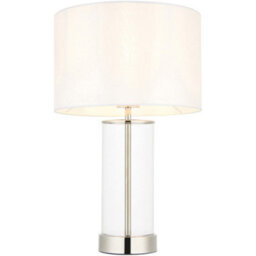 Loops Bright Nickel Plate & Clear Glass Table Lamp - Vintage White Fabric - 440mm Dimmable Tall Light - thumbnail 1