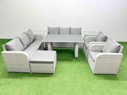 Fimous 9 Seater Outdoor Dining Table 3 Seater Sofa Reclining Chair Set With 2 Side Tables Big Stool Light Grey - thumbnail 1