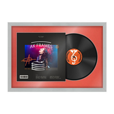 "AK Frames 25X17"" Light Grey Classic Vinyl Record Frame With Poppy Red Mount For 12 Inch Lp Cover & Disc - Overlapped Design" - image 1