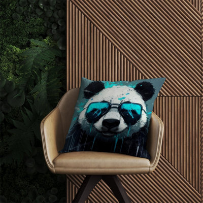 Warren Reed Designer Panda With Blue Glasses Splashart Outdoor Cushion 60Cm X 60Cm
