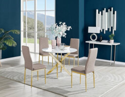 Furniturebox Novara White High Gloss 100Cm Round Dining Table With Gold Starburst Legs & 4 Beige Milan Faux Leather Chairs