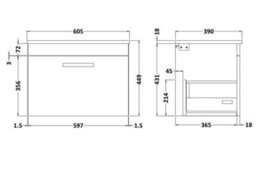 Royal Bathrooms Turin 600mm Grey Elm 1 Drawer Wall Hung Countertop Vanity Unit - thumbnail 4